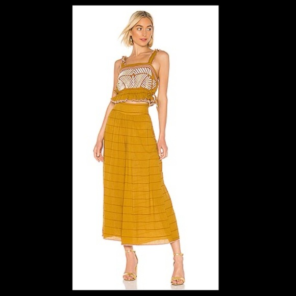 Free People Eva Embroidered Pants Set Deep Gold NWT Size Small